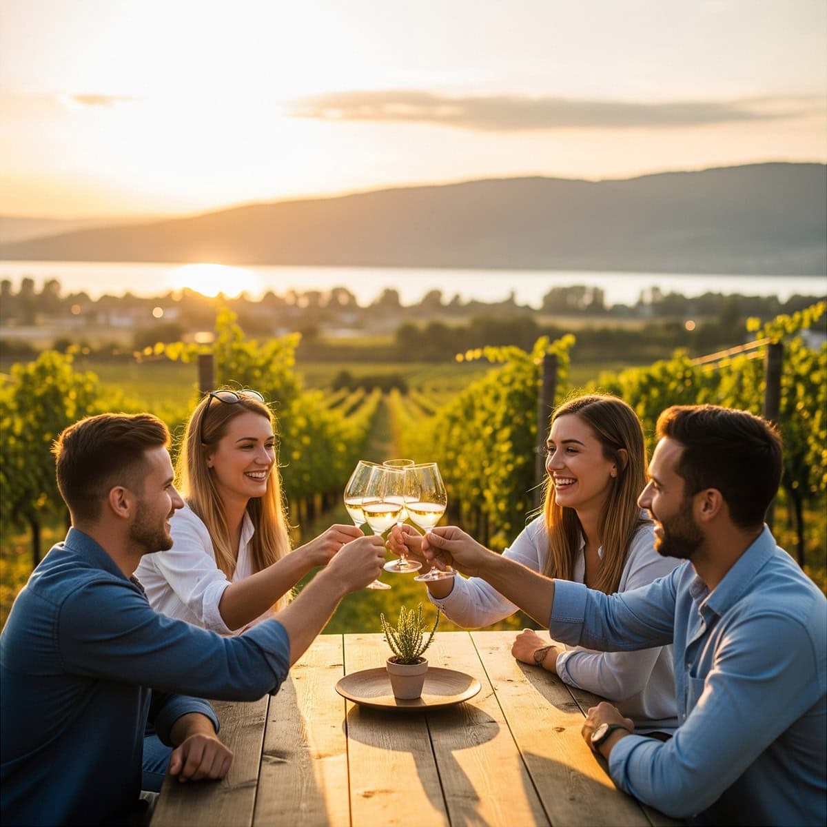 Gruppe sitzt im Weingarten und genießt ein gutes Glas Wein.